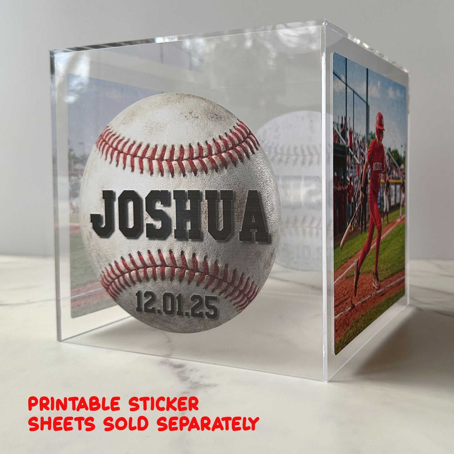 acrylic centerpiece cube with sports theme bar mitzvah stickers