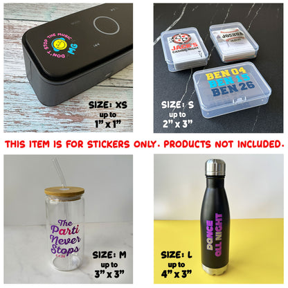 DTF swag sticker size guide XS S M L for bar mitzvah favors