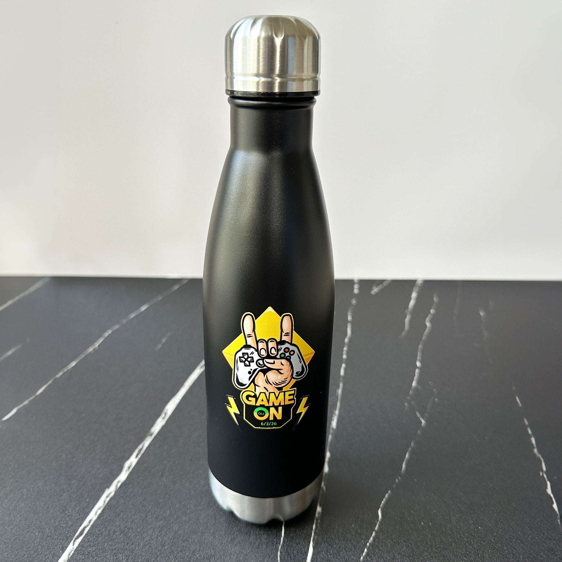 gamer theme bar mitzvah swag sticker on water bottle